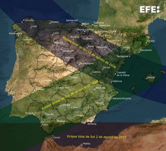 España se prepara ya para los históricos eclipses de sol que se van a suceder durante los próximos tres años, dos de ellos totales y uno anular.

Un carrusel de eventos astronómicos que atraerán a un elevado número de turistas.

efe.com/espana/2025-06…