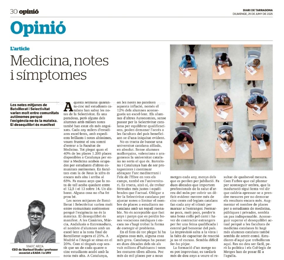 marcarza's tweet photo. Estudiants brillants que no poden estudiar medicina. Les poques places a les facultats catalanes plenes d'estudiants d'altres Autonomies. I una falta de metges que obliga a importar professionals d'arreu del món. Article al @DiaridTarragona. https://t.co/YwN6lNbVoL