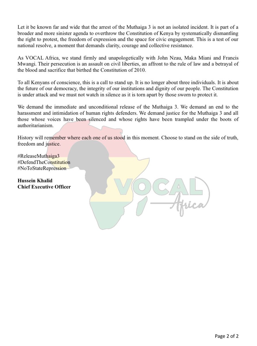 Firmly in solidarity with the Muthaiga 3.

As VOCAL Africa, we stand firmly and unapologetically with John Nzau, Maka Miani and Francis Mwangi. 

Their persecution is an assault on civil liberties, an affront to the rule of law and a betrayal of the blood and sacrifice that
