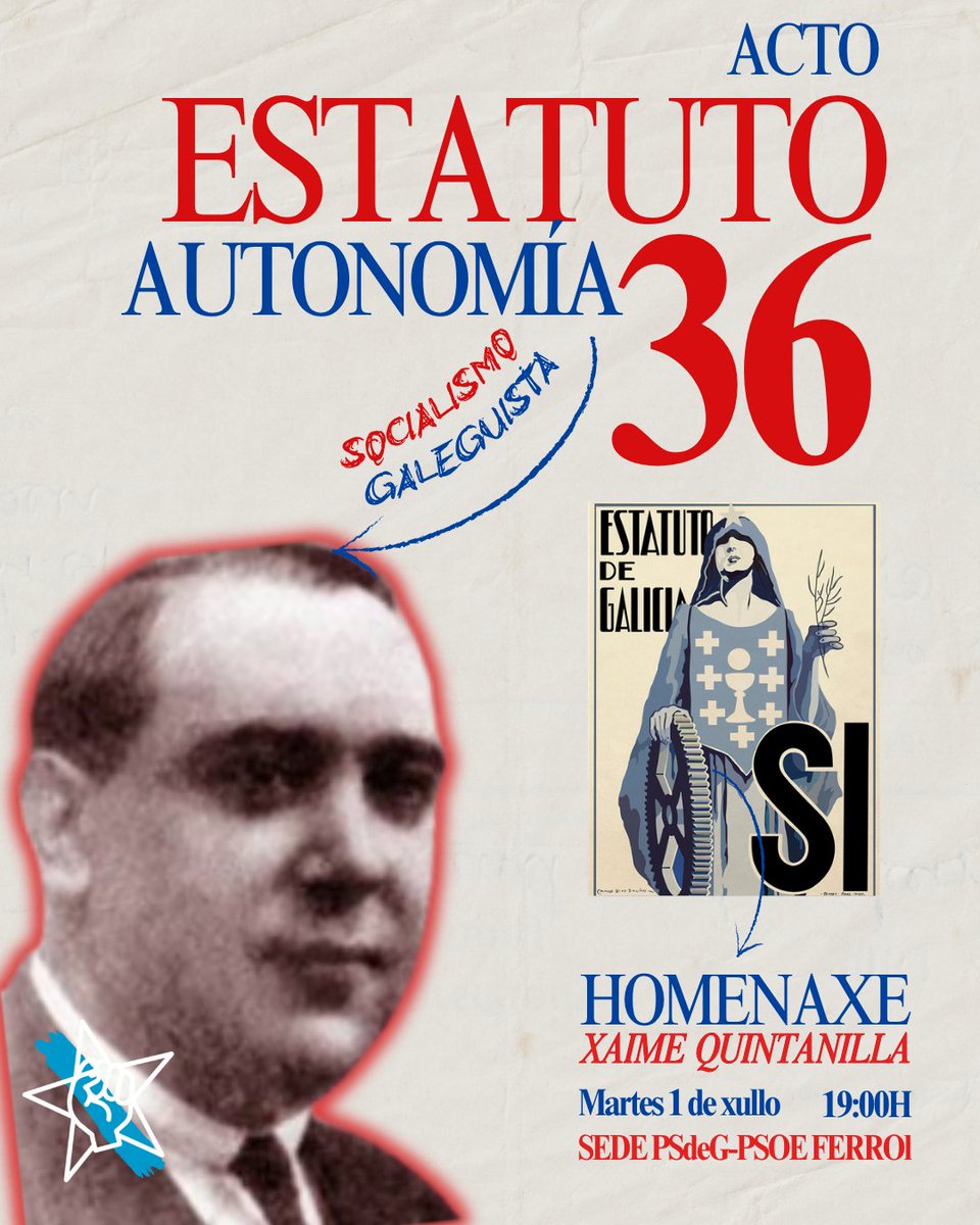 XSGalicia's tweet photo. 𝐄𝐬𝐭𝐚𝐭𝐮𝐭𝐨 𝐝𝐞 𝐀𝐮𝐭𝐨𝐧𝐨𝐦𝐢́𝐚 

Sabemos quen foi Castelao, pero en Galicia houbo máis perfís que tamén loitaron polo Estatuto do 36.

É o caso de Xaime Quintanilla, alcalde de Ferrol e intelectual,  asasinado en agosto de 1936.

Vémonos este martes ás 19h en Ferrol! https://t.co/gMhjfsYtJs