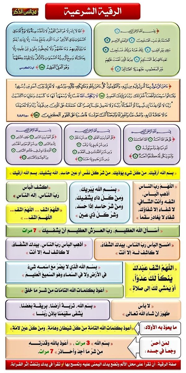 يا اخوان نحن في زمن انتشر فيه الحسد، والعين، والشياطين نسأل الله السلامة والعافية؛ فأوصيكم ونفسي بالرقية الشرعية باستمرار..

وهذه الرقية الثابتة في الصحيح عن النبي ﷺ؛ احفظوها، وطبقوها، وانشروها :