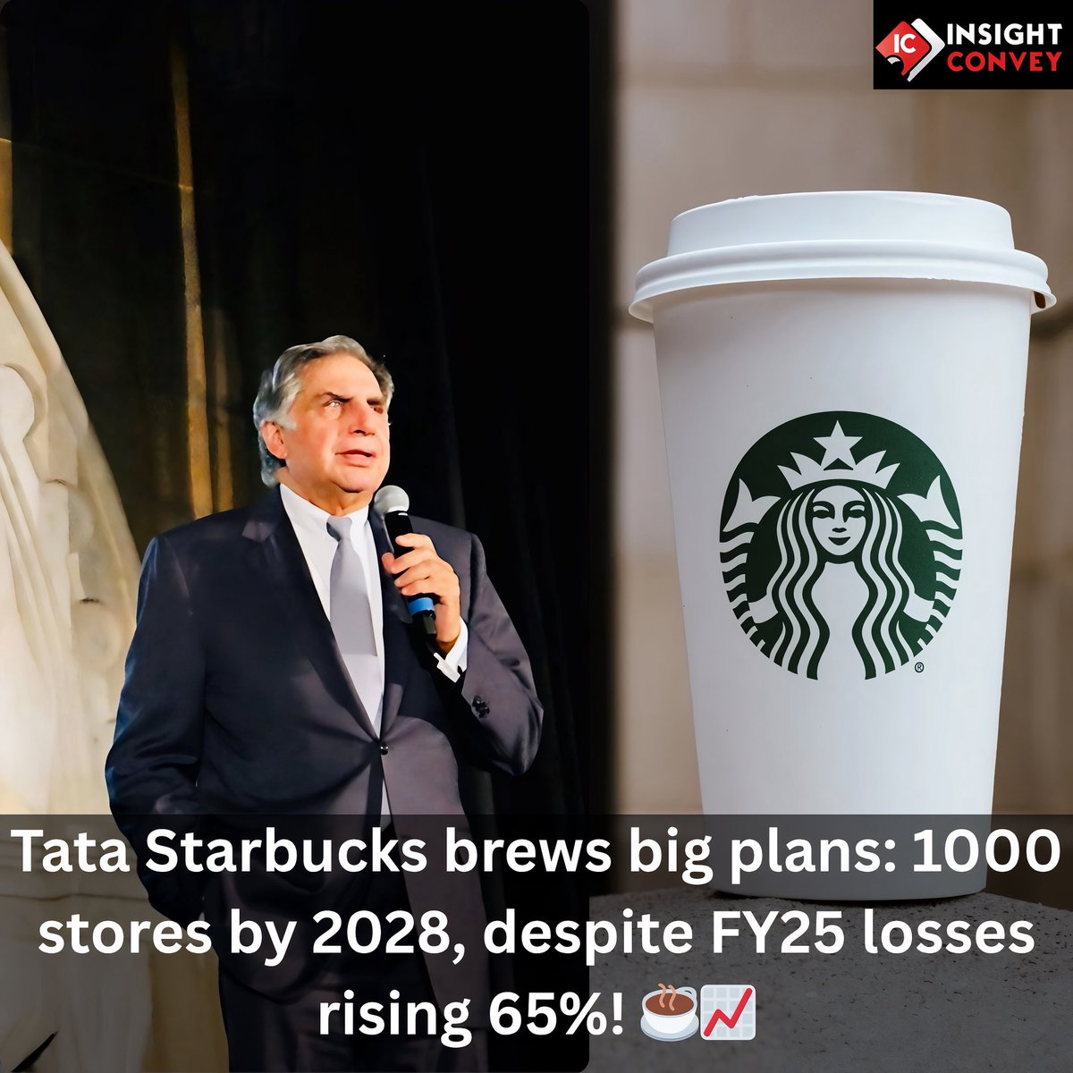 ConveyInsight's tweet photo. 📊 @TataStarbucks eyes 1,000 stores by 2028 despite ��135.7 Cr FY25 loss (+65%)
☕ Sales up 5% to ₹1,277 Cr — growth is the brew!
📲 Follow @ConveyInsight for biz &amp; tech updates
#TataStarbucks #Retail #BusinessNews #InsightConvey https://t.co/MhbdJR03cA