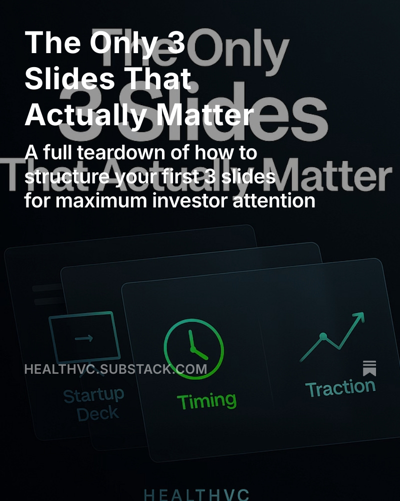 Most VCs don’t read your whole deck.
They stop after Slide 3, and decide if you’re fundable.
Today, I dropped the full teardown:

 "The Only 3 Slides That Actually Matter."
→ What to say
→ How to hook
→ Why most decks fail
Get the full deck now. Only on HealthVC Pro.