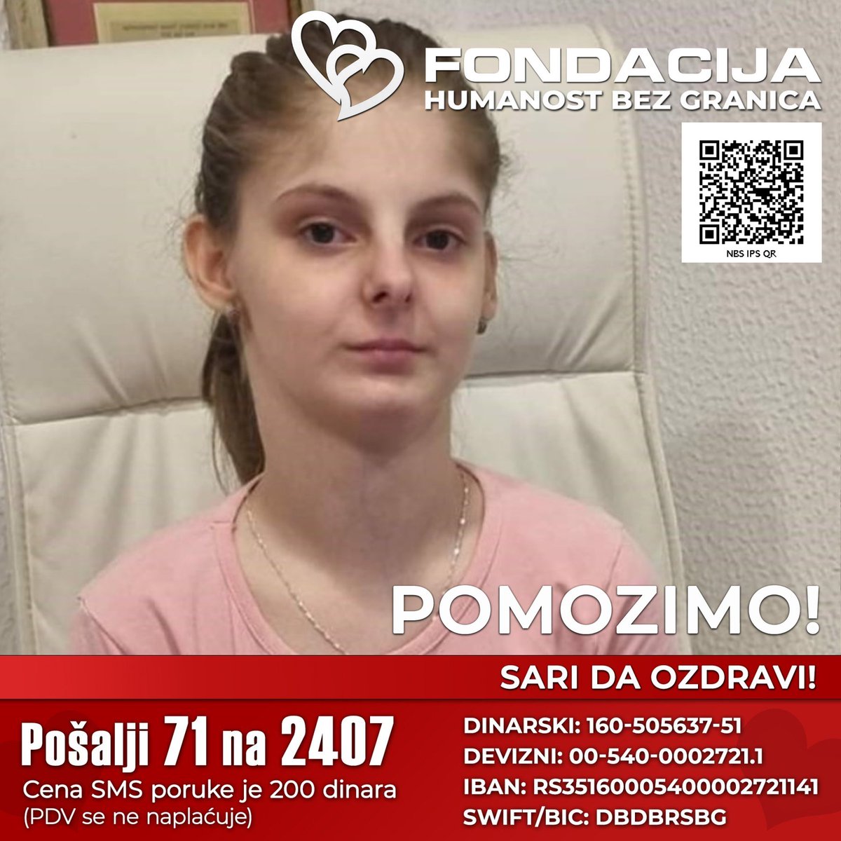 Sara Lazić iz Doboja ima retku bolest. Imala je operaciju gornjeg dela kičme a sad joj predstoji operacija i donjeg dela

Pomozimo!

Pošalji SMS!
71 na 2407

Skeniraj i doniraj:
NBS IPS QR kod

E-Doniraj - VISA, MasterCard, PayPal:
fondacija.rs/korisnik/280/p…