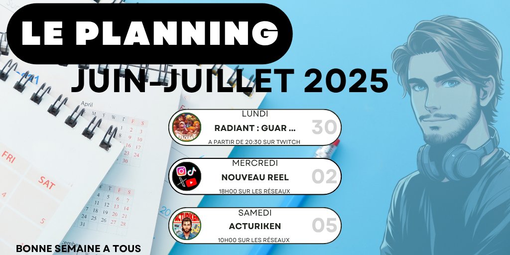 PLANNING DE LA SEMAINE !
RDV Demain soir sur Twitch pour vous présenter RADIANT : GUARDIANS OF LIGHT de <a href="/ChorrusGames/">Chorrus Games</a> ( thx for your trust ) et sinon du contenu Mercredi et Samedi comme d'habitude ! 

Bonne semaine à tous

#stream #twitch #reel #short #schedule #acturiken