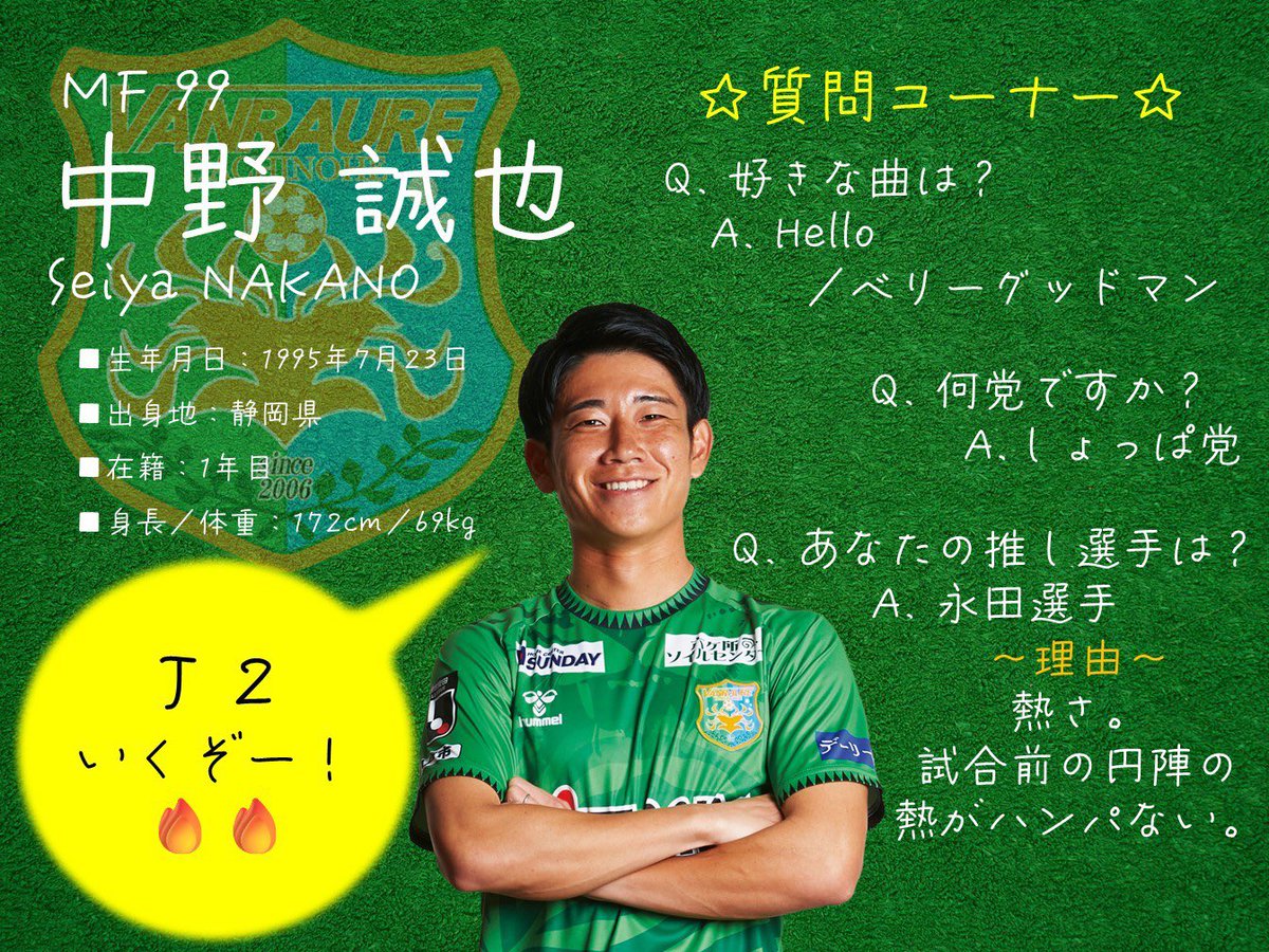 vanraure's tweet photo. 🎤 #中野誠也 選手に聞いてみた

Q１. 好きな曲は？

Q２. 何党ですか？ (甘党／辛党／
         すっぱ党／しょっぱ党／その他)

Q３. あなたの推し選手は？
         (ヴァンラーレ八戸の中で)

引用元の投稿を
いいね＆リポストで投票🗳

 #ヴァンラーレ八戸 
 #推しメン総選挙 
@_seiya_nakano_ https://t.co/JCwaVXjAh8