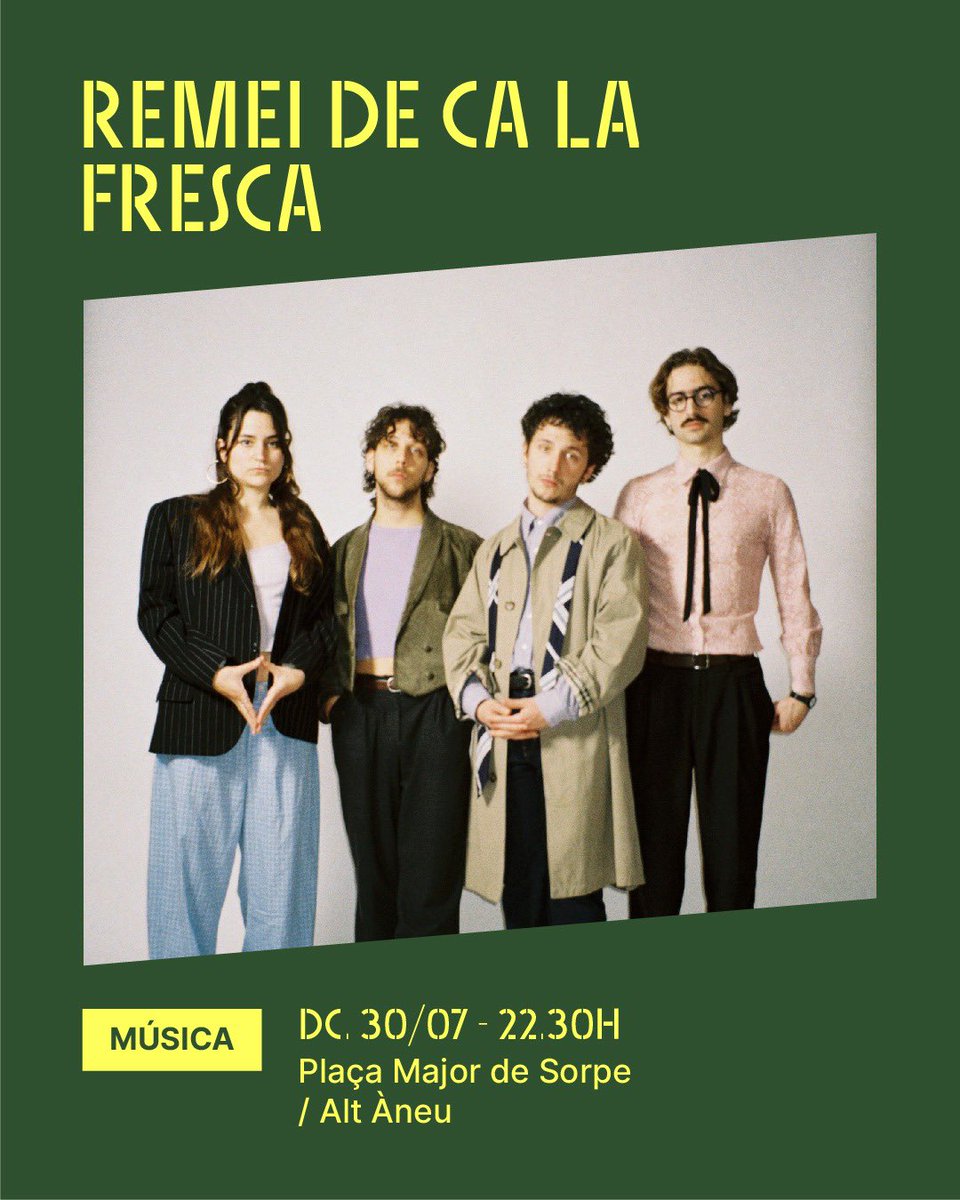 Dansàneu (@dansaneu) on Twitter photo La Xantal, l’Artur, en Iago i en Víctor porten remeis per a tothom 🤲
🎤 <a href="/remeifresca/">Remei de Ca la Fresca</a> són una de les apostes més fascinants del panorama català amb un rock visceral que festeja amb el folklore i l'electrònica.
📅 30.07 | 22.30h
📍 Plaça Major de Sorpe
🎟️ dansaneu.cat/artista/remei-… La Xantal, l’Artur, en Iago i en Víctor porten remeis per a tothom 🤲
🎤 <a href="/remeifresca/">Remei de Ca la Fresca</a> són una de les apostes més fascinants del panorama català amb un rock visceral que festeja amb el folklore i l'electrònica.
📅 30.07 | 22.30h
📍 Plaça Major de Sorpe
🎟️ dansaneu.cat/artista/remei-…