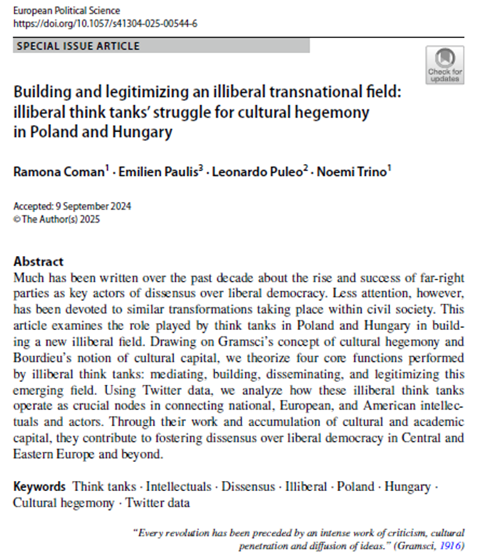 🌟 Very proud to share an article I co-authored with <a href="/RamonaComan1/">Ramona Coman</a>, Emilien Paulis and <a href="/NoeT__/">Noemi Trino</a>
"Building and legitimizing an illiberal transnational field: illiberal think tanks’ struggle for cultural hegemony in Poland and Hungary” <a href="/EPSJournal/">European Political Science Journal</a>! 1/N 🧵