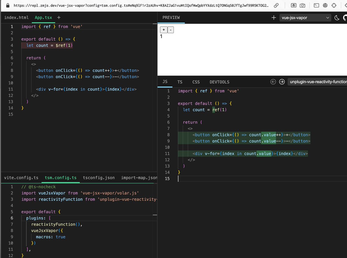 youyuxi's tweet image. As an example - the following screenshot:

- Compiles JSX to Vue Vapor output (Solid-like performance)
- Applies Vue reactivity transform (Svelte-like reactive read/write on plain variables)

You can also use Solid-like signals API in Vue if you want: vuejs.org/guide/extras/r……
