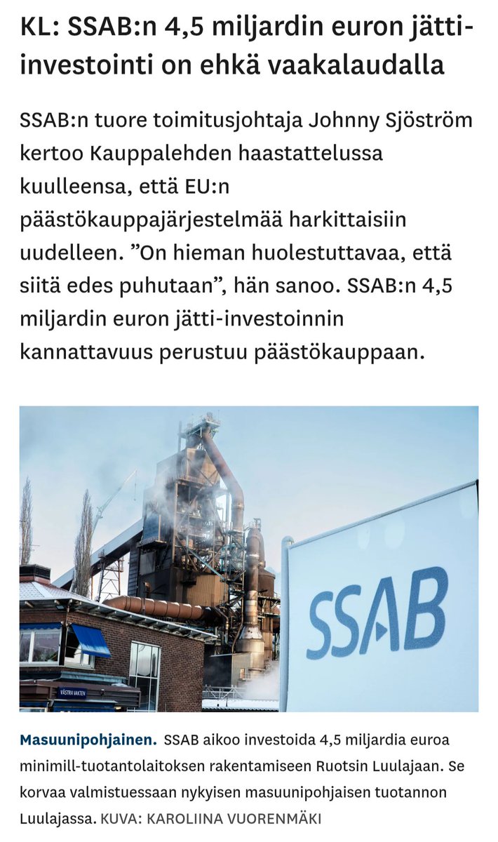 sami_kymalainen's tweet image. "SSAB:n 4,5 miljardin euron jätti-investoinnin kannattavuus perustuu päästökauppaan."
Vihreän siirtymän kannattavuus ovat illuusio, joka on luotu tekemällä päättömiä asetuksia ja lakeja, jotka kuppaavat suomalaisten rahat.
Muu maailma nauraa, kun täällä "pelastetaan ilmasto".