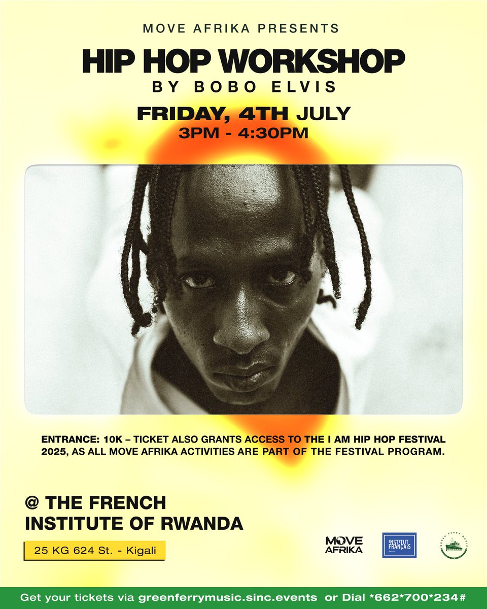 GREEN FERRY MUSIC (@greenferrymusic) on Twitter photo 🔥 HIP-HOP WORKSHOP 🔥
Join Bobo Elvis on July 4 at <a href="/IF_Rwanda/">Institut Français du Rwanda</a> for an all-levels dance workshop at the I AM HIP HOP Festival!
Come learn, grow & vibe.
🎟️ greenferrymusic.sinc.events/i-am-hip-h-234
#IAHHF2025 🔥 HIP-HOP WORKSHOP 🔥
Join Bobo Elvis on July 4 at <a href="/IF_Rwanda/">Institut Français du Rwanda</a> for an all-levels dance workshop at the I AM HIP HOP Festival!
Come learn, grow & vibe.
🎟️ greenferrymusic.sinc.events/i-am-hip-h-234
#IAHHF2025