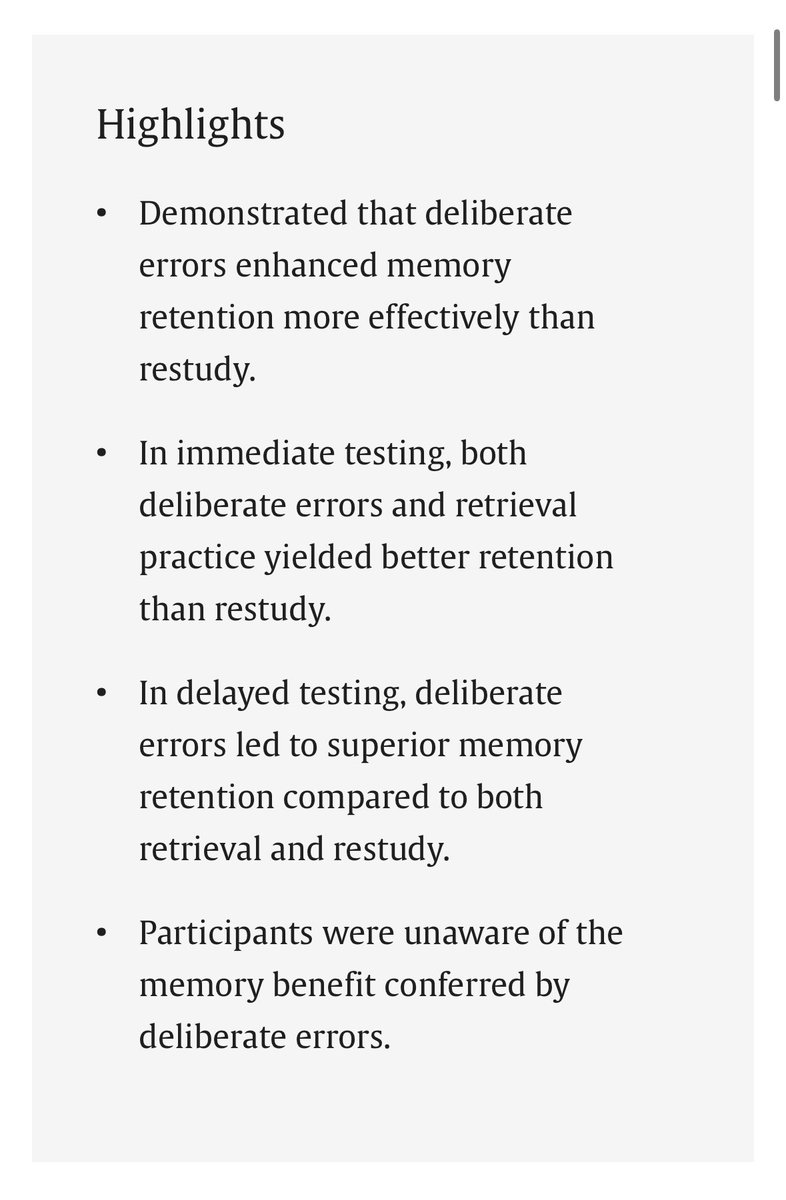 Alex Quigley (@alexjquigley) on Twitter photo ‘Learning from errors: deliberate errors enhance learning’ via <a href="/dylanwiliam/">Dylan Wiliam</a>
Often a counterintuitive finding - errors & small failures are a crucial part of the learning process - we shouldn’t avoid them, but instead use them.
sciencedirect.com/science/articl… ‘Learning from errors: deliberate errors enhance learning’ via <a href="/dylanwiliam/">Dylan Wiliam</a>
Often a counterintuitive finding - errors & small failures are a crucial part of the learning process - we shouldn’t avoid them, but instead use them.
sciencedirect.com/science/articl…