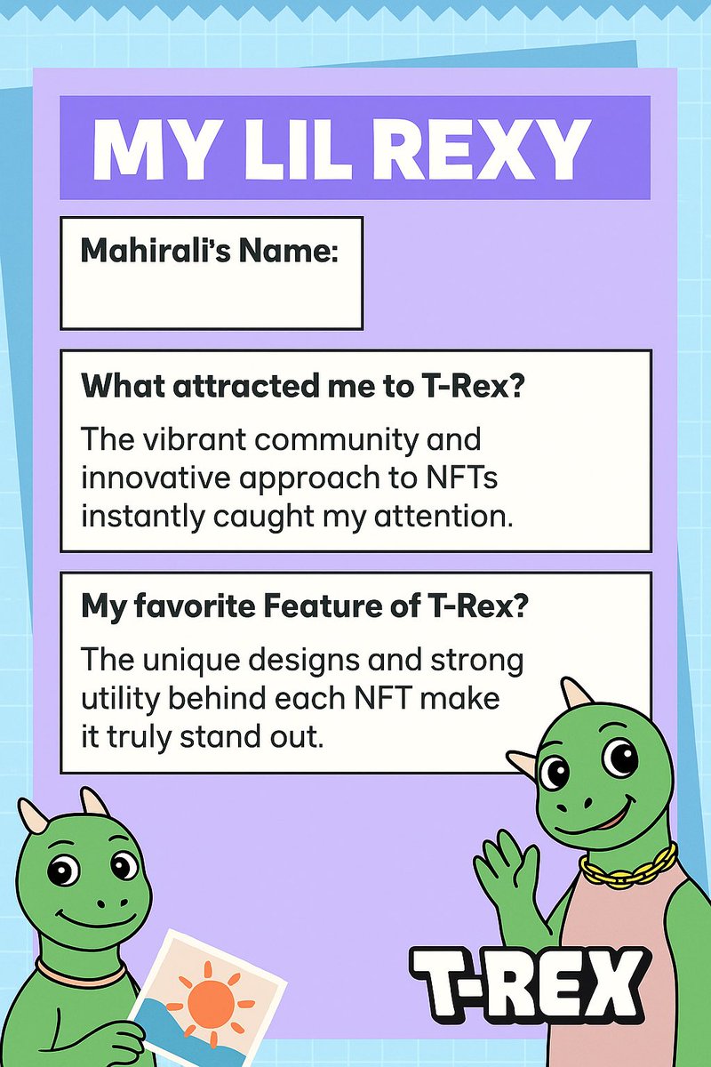 MahirAlphaHub's tweet image. @TREX_chain #MyLilRexy 🩷

🚀 Meet Mahirali, my Lil Rexy!
I was drawn to T-Rex by its vibrant community and unique NFT approach 🦖💎
Loving the strong utility and awesome designs!