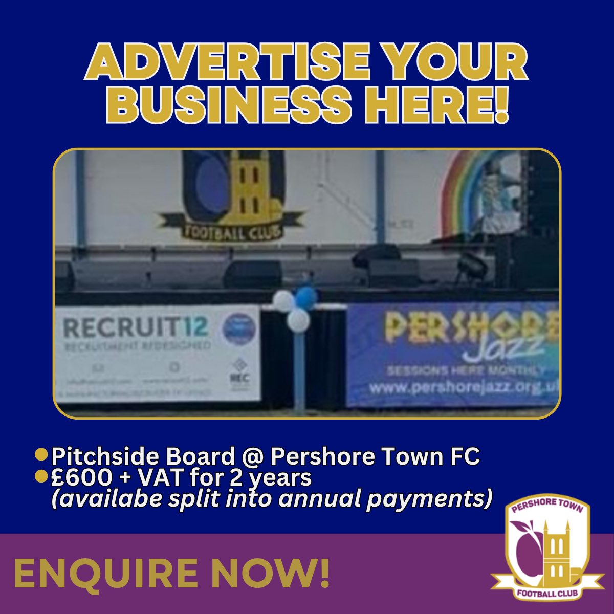 PTFC88's tweet image. 📣 ADVERTISE YOUR BUSINESS HERE!

🟣 Pitchside Board at Pershore Town FC
💷 £600 + VAT for 2 Years
📆 Or 2 x £300 annual payments
👀 Visible every matchday | Local exposure
📲 Enquire Now!

Contact us through our social media channels for more information