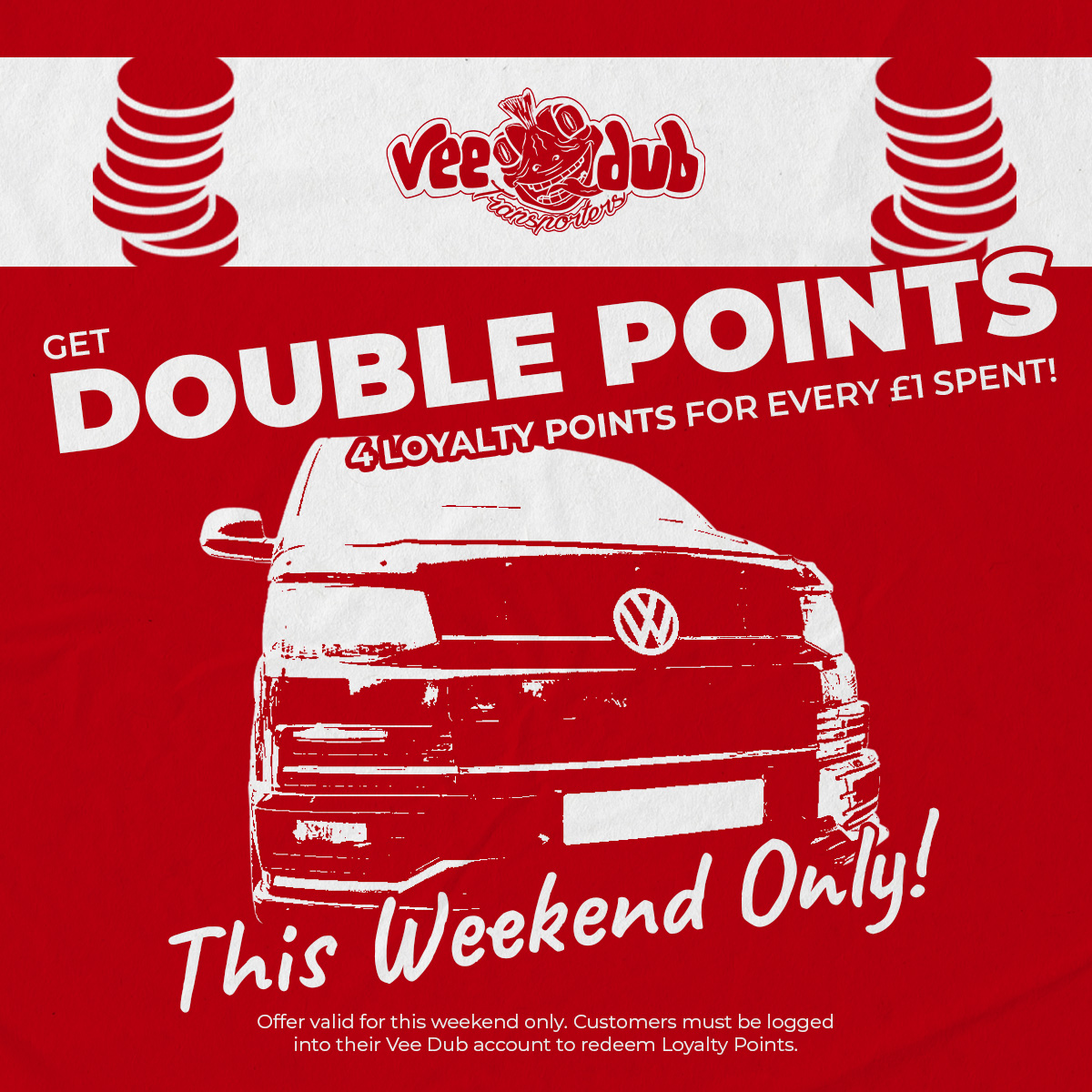 Your LAST DAY to claim DOUBLE Loyalty Points on any Vee Dub order! ⏰

Customers must be logged into their Vee Dub account to claim Loyalty Points. The more points you earn, the more discount you can claim off your next order! 🛒

veedubtransporters.co.uk