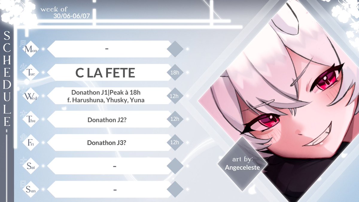 💙Schedule de la semaine💙

Mon anxiété a jamais été autant élevée pour un stream  Imaginez je speedrun le donathon le plus court de twitch?? 

Pour rappel les streamers qui me raident pendant la période de donathon (mardi inclus) auront une roue spéciale de récompenses !! 💙💙