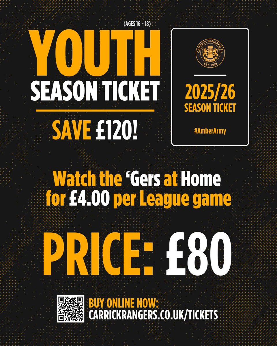 𝗦𝗘𝗔𝗦𝗢𝗡 𝗧𝗜𝗖𝗞𝗘𝗧𝗦 🎟️

𝗬𝗼𝘂𝘁𝗵 (Aged 16 - 18) can 𝘀𝗮𝘃𝗲 £𝟭𝟮𝟬 by purchasing a season ticket.

Pick up an Youth Season Ticket now, ahead of the 'Gers first home game on 16th August!

👉 buff.ly/Fsv0Oet