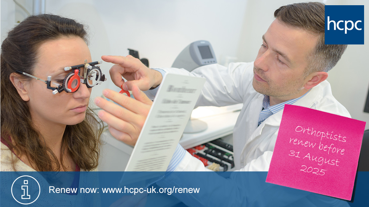 Orthoptists - don't leave your renewal to the last minute! ⏰

Make sure to complete all steps of the process before 31 August 2025.

Log into your online account and renew today ➡️ hcpc-uk.org/how-to-renew/