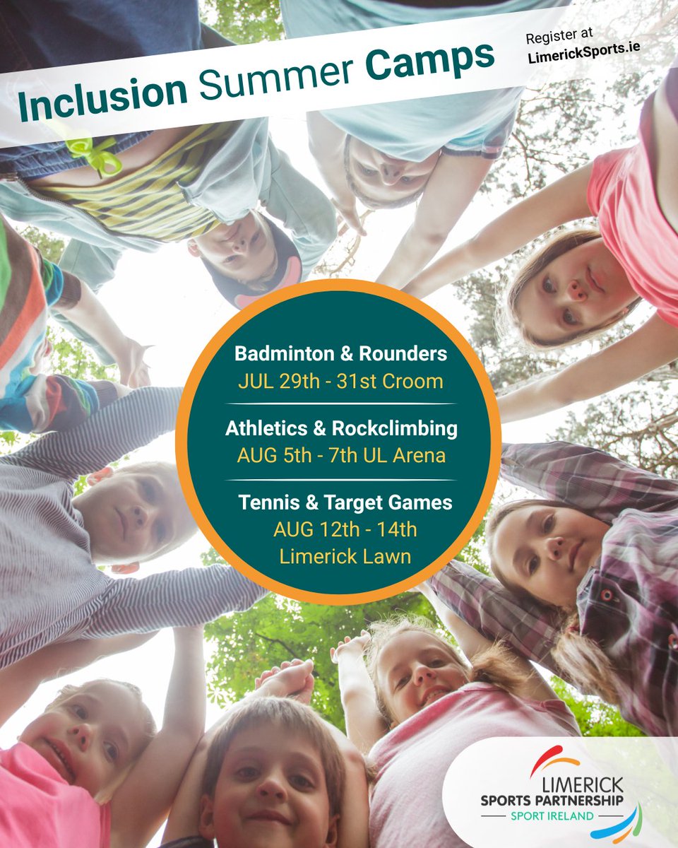 Limericksports's tweet photo. ๐ Our Inclusion Summer Camps are back!
๐ฏ Croom (Jul 29โ31): Badminton & Rounders
โฐ๏ธ UL Arena (Aug 5โ7): Athletics & Rock Climbing
๐พ LLTC (Aug 12โ14): Tennis & Target Games
For ages 5โ17 with disabilities.
#InclusionCamps #ActiveLimerick https://t.co/U7vTvFZHJB
