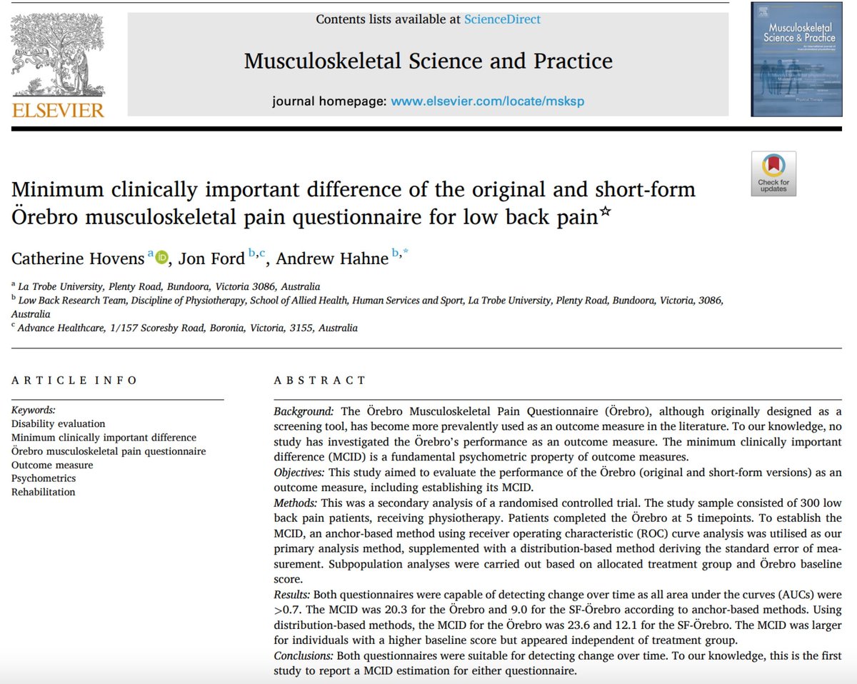 📋 First study to establish MCID for the Örebro Musculoskeletal Pain Questionnaire (original &amp; short-form) in #LowBackPain. Both versions showed strong responsiveness—supporting their use in clinical outcomes. buff.ly/nTkX2Zl