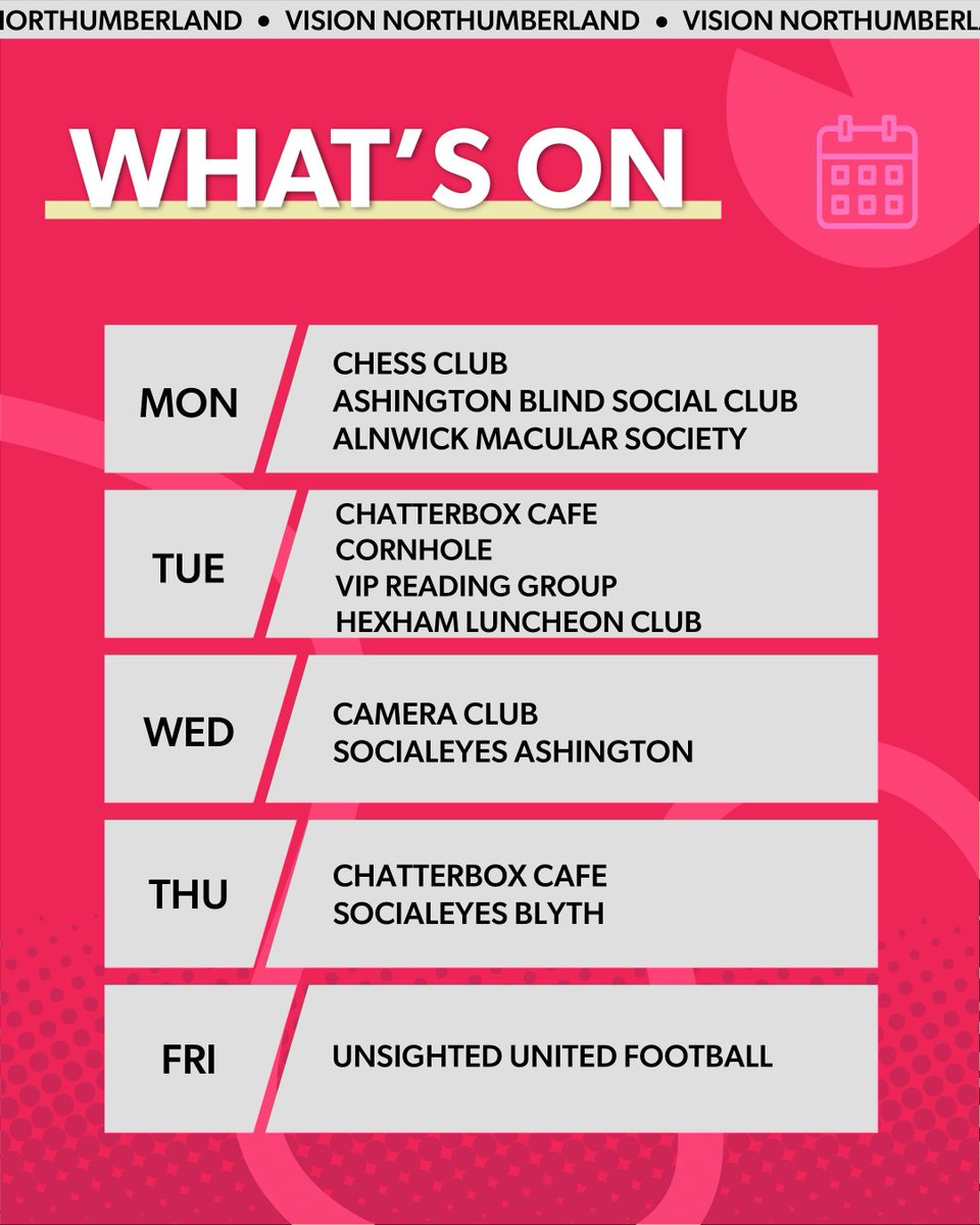 Looking to add something uplifting to your week? Come join us at Vision Northumberland for friendly faces, great chats and a fantastic variety of activities. Everyone’s welcome! 💞

For more info DM or call 01670 514316. 📞