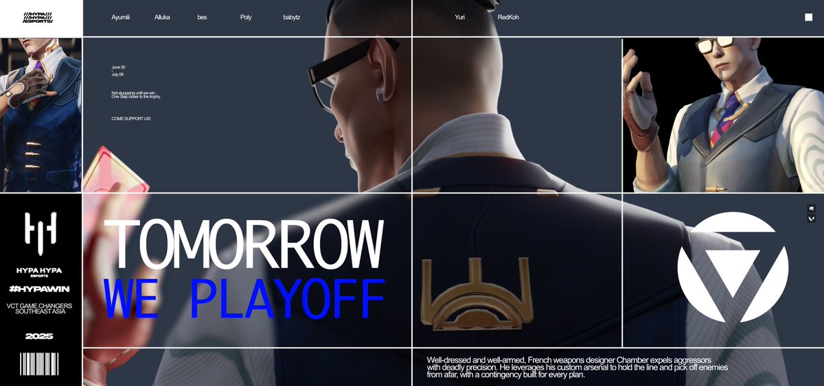 Hypa Hypa Esports (@hypahypaesports) on Twitter photo We are more than grateful to be here but more importantly, it’s time to play.
Catch us in our game versus <a href="/KimmysKitchen_/">Kimmy's Kitchen</a> tomorrow 8PM SGT #HYPAWIN
<a href="/tiara_pleno/">HYPA Alluka</a>
<a href="/areyouumiii/">Ayumiii</a>
<a href="/besVALORANT/">HYPA bes</a>
<a href="/babytz33/">b1</a>
<a href="/polyZz_/">HYPA poly</a>
<a href="/yyuririi/">yyuririi</a>
<a href="/RedKohVAL/">HYPA RedKoh</a>
Official streams in replies below We are more than grateful to be here but more importantly, it’s time to play.
Catch us in our game versus <a href="/KimmysKitchen_/">Kimmy's Kitchen</a> tomorrow 8PM SGT #HYPAWIN
<a href="/tiara_pleno/">HYPA Alluka</a>
<a href="/areyouumiii/">Ayumiii</a>
<a href="/besVALORANT/">HYPA bes</a>
<a href="/babytz33/">b1</a>
<a href="/polyZz_/">HYPA poly</a>
<a href="/yyuririi/">yyuririi</a>
<a href="/RedKohVAL/">HYPA RedKoh</a>
Official streams in replies below