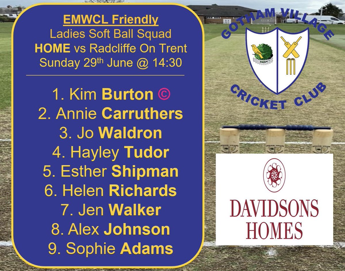 Gotham Village CC (@gothamcc) on Twitter photo Ladies team news!
Come down and support our ladies as we have our 1st ever ladies home game vs <a href="/ROTCricketClub/">Radcliffe on Trent C.C.</a> at the Rec. Ladies team news!
Come down and support our ladies as we have our 1st ever ladies home game vs <a href="/ROTCricketClub/">Radcliffe on Trent C.C.</a> at the Rec.