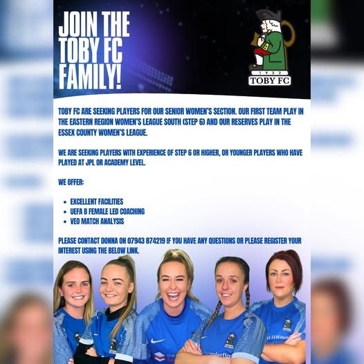 Toby FC Women (@tobyfcwomen) on Twitter photo 1st team playing step 6 <a href="/ERWFLe/">Eastern Region Women's Football League</a> and reserves step 7 Premier league <a href="/ecwfl/">Essex County Womens Football League</a> get yourself over to Lakeside sports ground RM16 6DN Thursday 3rd July 6-7pm
Use the attached google doc to let us know youโre coming
forms.gle/YbjQ2RVXeCi3Rkโฆ 1st team playing step 6 <a href="/ERWFLe/">Eastern Region Women's Football League</a> and reserves step 7 Premier league <a href="/ecwfl/">Essex County Womens Football League</a> get yourself over to Lakeside sports ground RM16 6DN Thursday 3rd July 6-7pm
Use the attached google doc to let us know youโre coming
forms.gle/YbjQ2RVXeCi3Rkโฆ