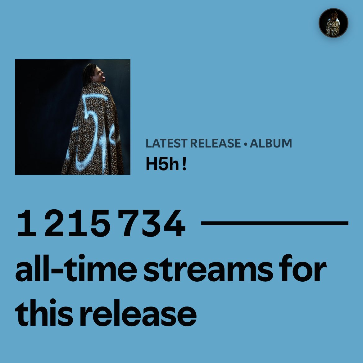 H5h ! enfin disponible et la fin d’une aventure, sans "Hah !" nous ne serons pas où on est aujourd’hui +1 200 000 streams en faisant ce que j’aime !! Merci la fHahmily ❤️ #LePrécurseurDeLaNewJazz