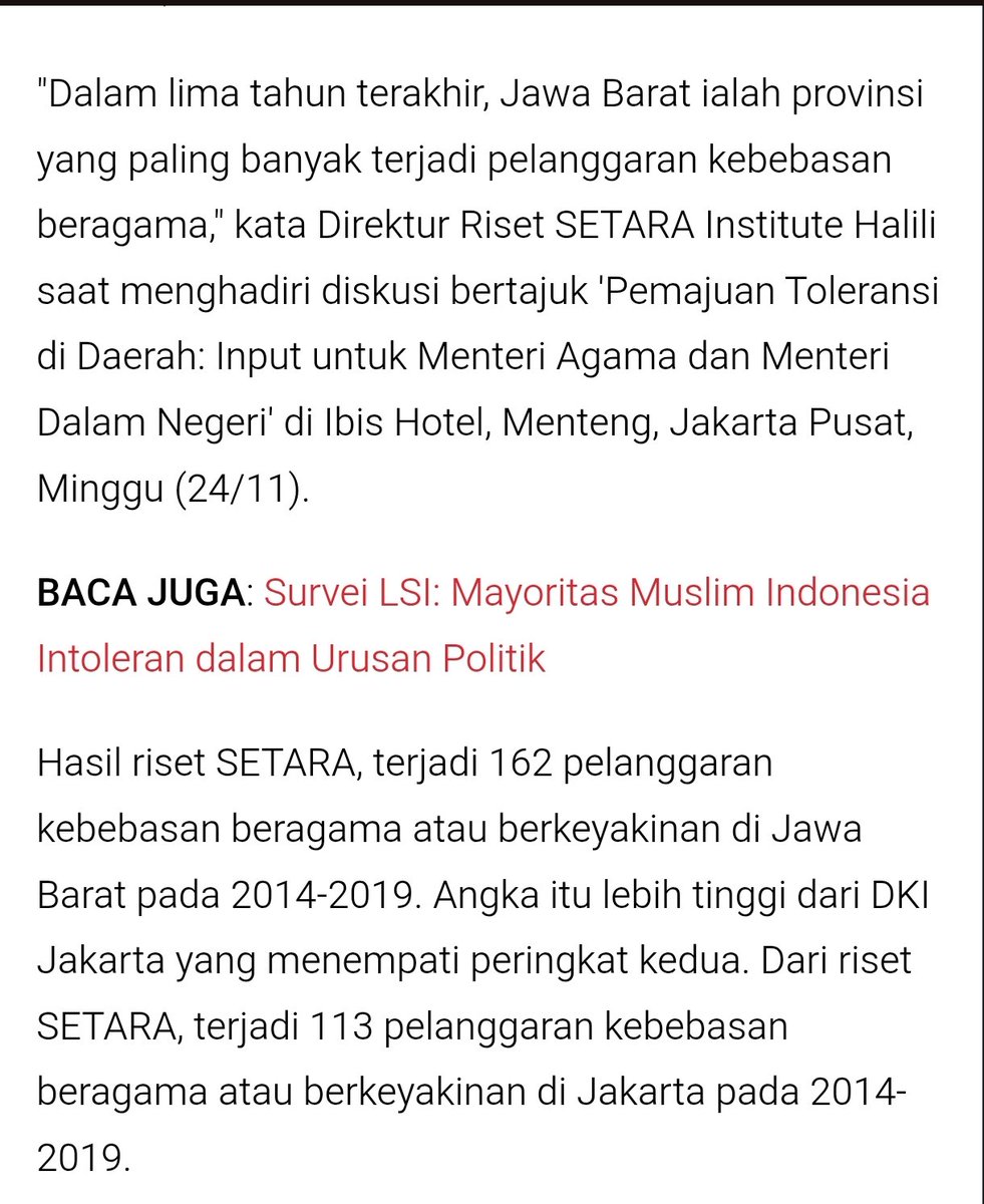 Jawa Barat adalah provinsi paling INTOLERAN di Tanah Air. 

Ini tugas serius sampean Kang Gubernur <a href="/DediMulyadi71/">Kang Dedi Mulyadi</a> . 

Bukan ngurus anak2 kemayu.