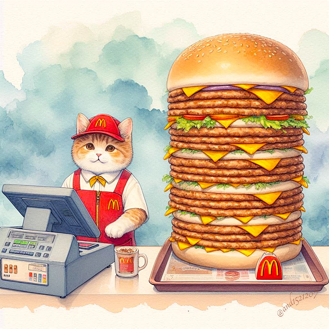 and1521207's tweet image. ギガ盛りデスバーガーお待たせしましたニャ~🍔
サービスで致死量の塩分と油分を入れといたニャ🧂🛢️😽
-Here it is! One bite contains enough salt and lethal amounts of oil to end a horse—plus just enough my fur to remind you who’s really in charge.
#aiart #AIイラスト #cat #猫