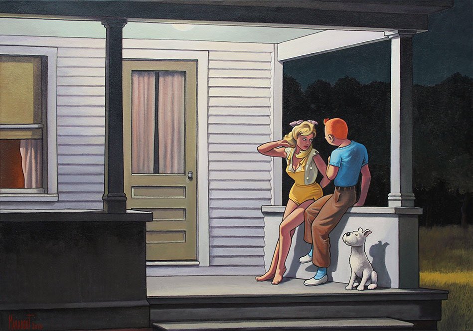 franch_laura's tweet photo. Es domingo y toca un hopperiano. Hoy, Xavier Marabout, un artista francés que imagina aventuras para Tintín en el universo de Hopper. En su día fue demandado por los herederos de Hergé por colocar al famoso aventurero en un universo erótico.

La polémica está abierta...

👇🏻Hilo. https://t.co/iLBXRoWrQw