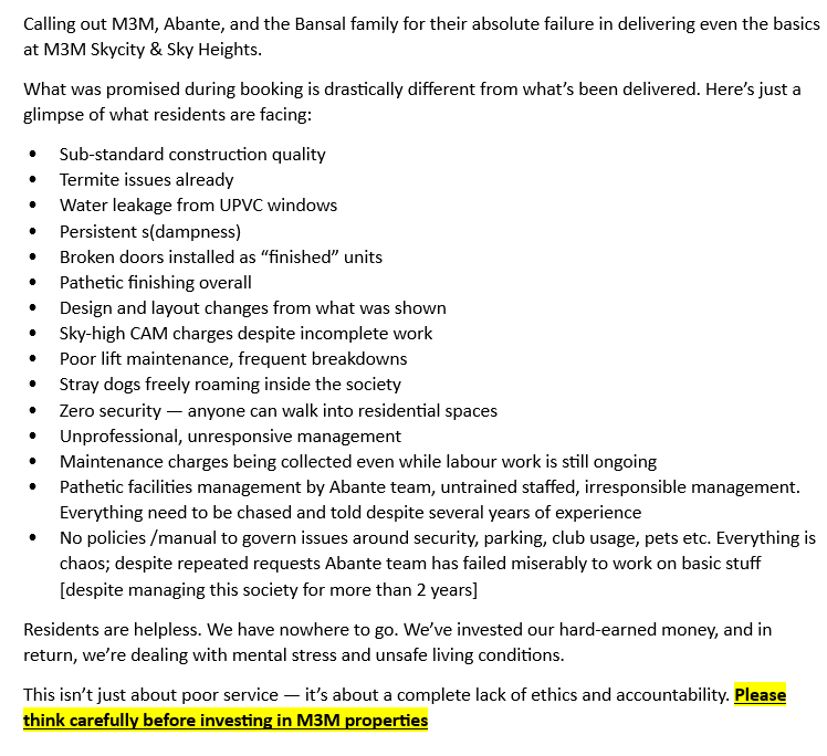 naveenag09's tweet photo. @M3MIndiaPvtLtd Calling out
@M3MIndiaPvtLtd
@PankajBansalM3M
for their absolute failure in delivering even the basics at M3M Skycity &amp; Sky Heights. Poor construction quality, poor facilities management by its sister concern Abante  #m3m #dtcp #poorconstruction #safetyrisk #PoorFacilities https://t.co/1cKoH310Yz