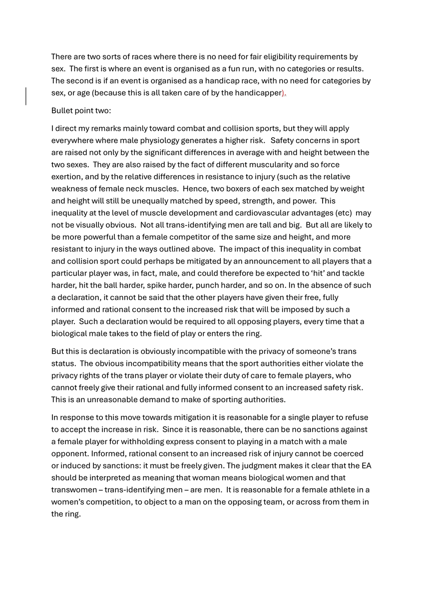 Here is my contribution to the <a href="/EHRC/">EHRC</a> consultation.  I focus mainly on the suggestion that a case by case approach to eligibility into the female category can work, and can meet criteria of safety and fairness.  I am sure that it cannot. I suggest, though, that you follow the