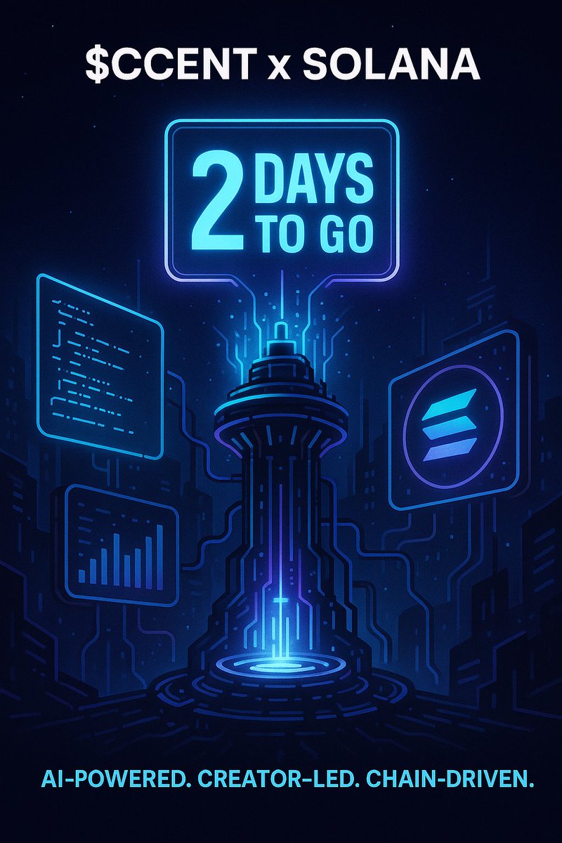 Headsup01's tweet photo. 2 DAYS TO GO 
The AI towers are lit
The data streams are flowing
The creator era is loading fast

$CCENT is almost here powered by Solana, driven by GrindFi, and built for those who dare to own their content.

This isn’t just a launch
It’s a shift
@contentcentai
#CCENT #Solana https://t.co/XJXW1DqPVL