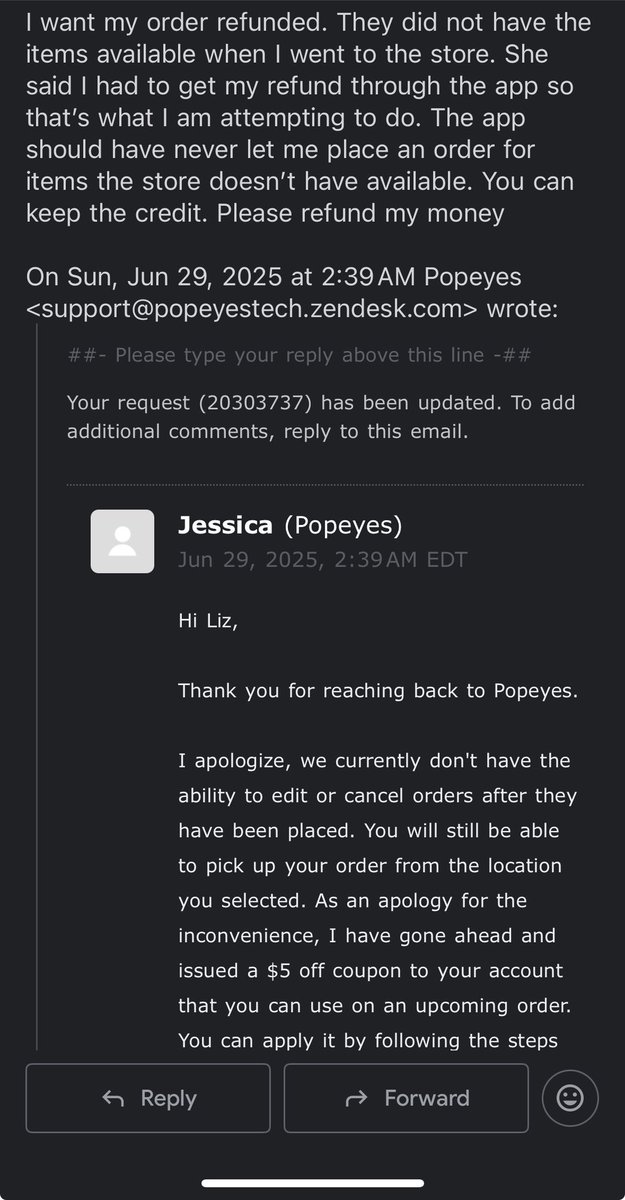 beautyondeck's tweet photo. @Popeyes is out here letting people place orders on apps for items stores don’t even have and then telling them they can’t get a refund!!! https://t.co/tI9wqll6bt