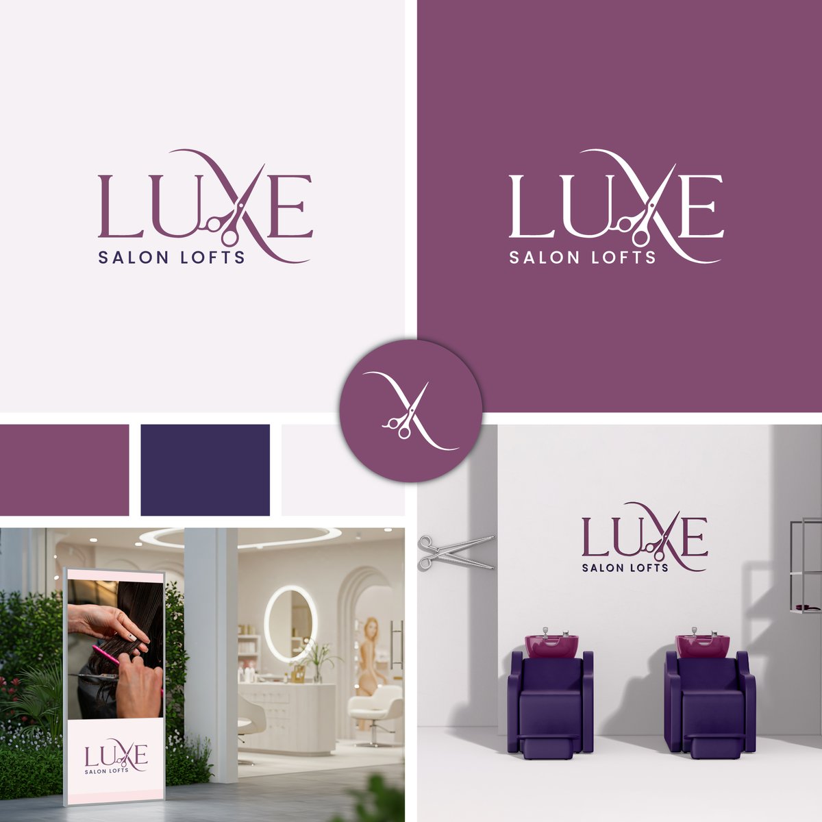 Sophistication Meets Shears, Introducing the brand identity for LUXE SALON LOFTS, where elegance is styled into every corner. This logo combines grace and professionalism through a custom “X” transformed into a sleek scissor mark, capturing both the luxury feel.