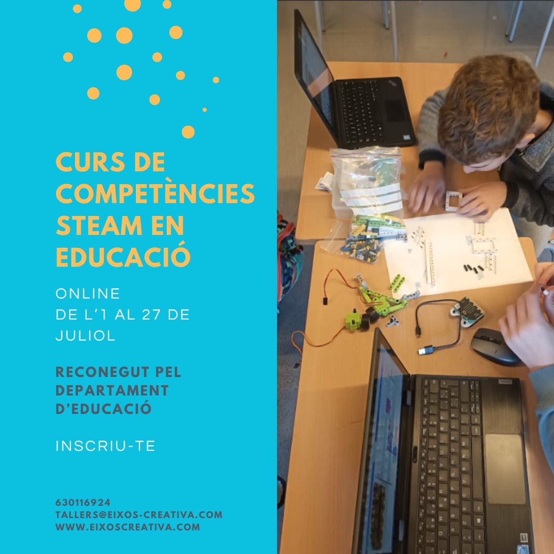 Explora la programació, l'electrònica i la robòtica amb activitats innovadores per l'aula.
Adreçat a mestres, professors/es, educadors/es.
Curs online reconegut pel Departament d'Educació de la Generalitat de Catalunya.
Més informació: buff.ly/CL4opUe

#STEAM #Educació