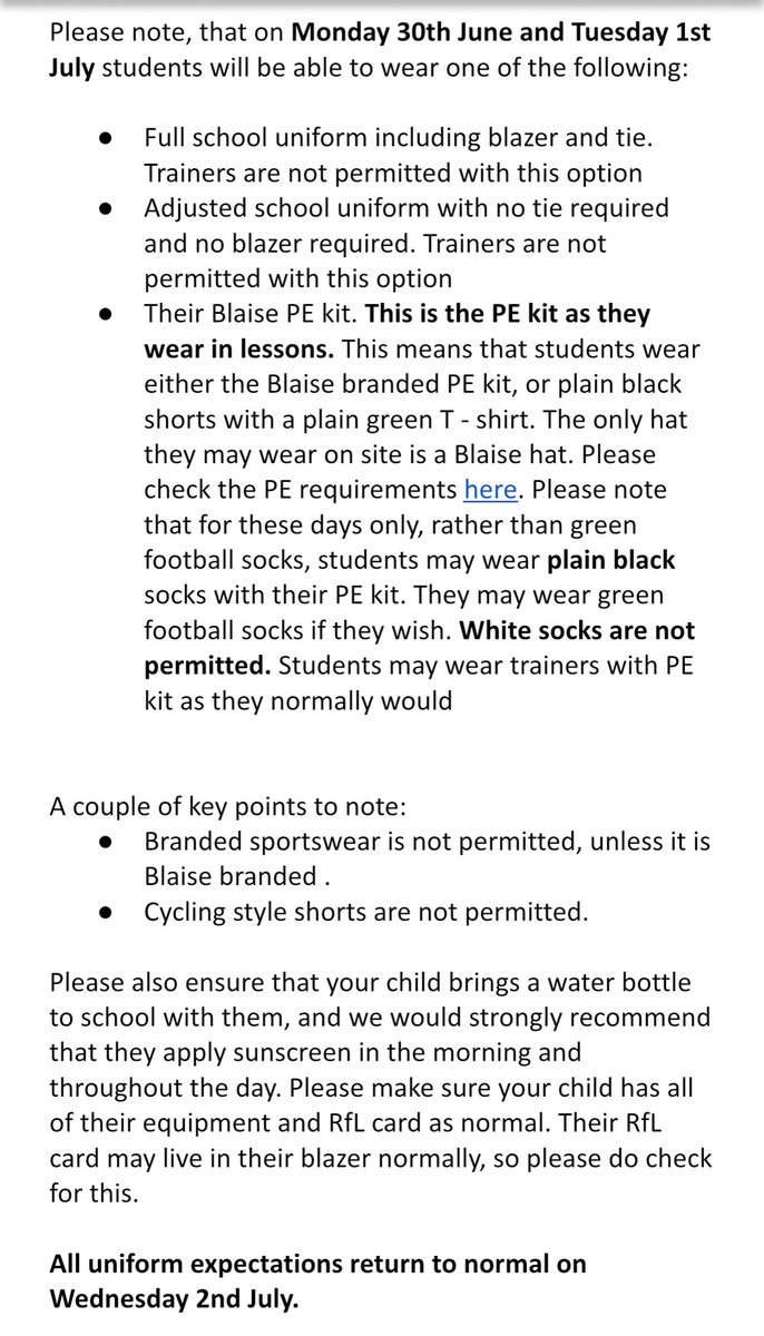 ☀️😎🌞 Lovely weather ahead. A reminder that we wrote to parents on Friday. PE kit is allowed Monday and Tuesday. We can’t wait to see you tomorrow! (P.S bring suncream and a water bottle and no sunglasses!)