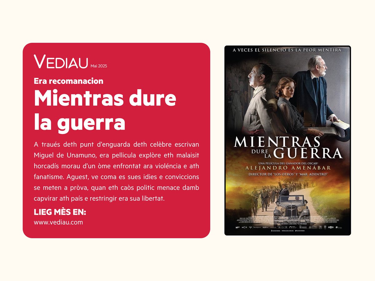 ES NÒSTES RECOMANACIONS

📖 Aguest mes vos recomanam: Mientras dure la guerra, d’Alejandro Amenabar. Un film que mos retorne a un des moments mès mercadi dera istòria recenta d’España, er estiu de 1936.

👉🏻Lieg mès en: vediau.com/2025/05/30/mie…