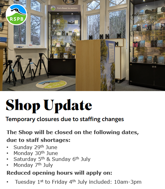Up to date calendar of closures/opening times for The Lodge Shop, up to Monday 7th July. 👇

The Cafe is scheduled to be open all days. 

Please keep checking for updates, and thank you for your understanding.
