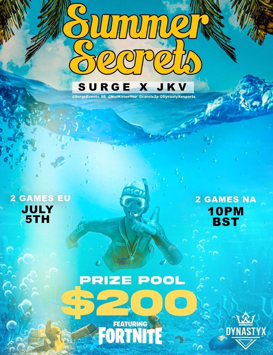 DynastyX (@dynastyxesport) on Twitter photo 🏆 <a href="/SurgeEvents_SE/">SURGE</a> &
<a href="/NotKittenYou/">JustKittenViv</a> 🏆
🏖️SUMMER SECRETS🏖️
📅 5th July, 10pm BST
💰 $200
🌍 2 eu, 2 na Build games
👬 NOT coed
➡️ Each game is a secret random rule! ⬅️
Requirements to play:
Follow us,
<a href="/NotKittenYou/">JustKittenViv</a>,
<a href="/carolx2p/">carolina ribeiro</a>
&
<a href="/DynastyXesport/">DynastyX</a>
❤️, 💬 & ♻️ 🏆 <a href="/SurgeEvents_SE/">SURGE</a> &
<a href="/NotKittenYou/">JustKittenViv</a> 🏆
🏖️SUMMER SECRETS🏖️
📅 5th July, 10pm BST
💰 $200
🌍 2 eu, 2 na Build games
👬 NOT coed
➡️ Each game is a secret random rule! ⬅️
Requirements to play:
Follow us,
<a href="/NotKittenYou/">JustKittenViv</a>,
<a href="/carolx2p/">carolina ribeiro</a>
&
<a href="/DynastyXesport/">DynastyX</a>
❤️, 💬 & ♻️