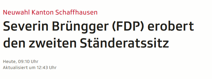 Jo Mosimann (@jo_mosimann) on Twitter photo BRÜNGGER HOLT UNS DEN 2. STÄNDERATSSITZ IN SCHAFFHAUSEN. TOTAL LIBERAL VICTORY! BRÜNGGER HOLT UNS DEN 2. STÄNDERATSSITZ IN SCHAFFHAUSEN. TOTAL LIBERAL VICTORY!