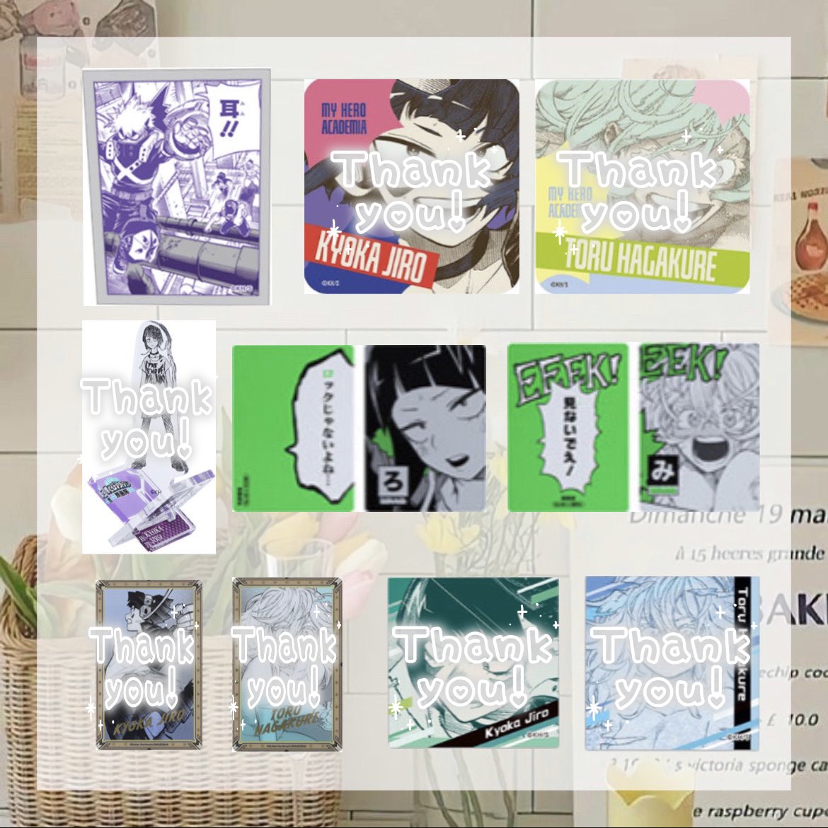 ୨୧ 僕のヒーローアカデミア 買取
ヒロアカ 原画展 コマステッカー かるた

譲→定価+送料
求→耳郎.葉隠(ステッカー1.カルタ各4)

☁️手渡し1点~/郵送2点~
☁️手渡し最優先のため郵送の方はお返事にお時間頂きます

お気軽にお声掛けください🙇🏻