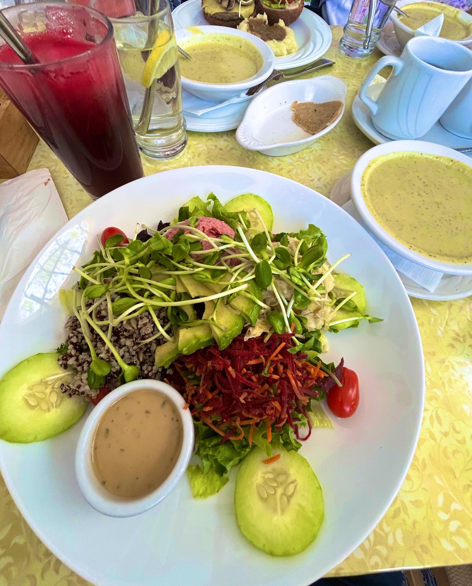 zyqra's tweet photo. Quinoa, beet hummus, tomato, mixed greens, vaidya mix*, housemade sauerkraut, cucumbers, sunflower sprouts and avocado. https://t.co/R8lVEdjhq8