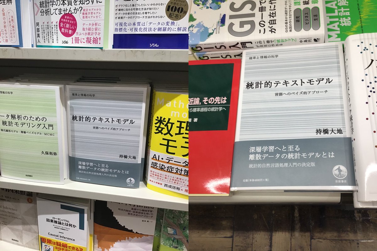 daiti_m's tweet image. 『統計的テキストモデル』、無事に発売になりました。東京駅丸善、および神保町書泉で確認してきました。Amazonで購入された方は、7/1に到着とのことですのでもう少しお待ち下さい。サポートページは下のURLにあります。
amazon.co.jp/dp/4000069764
chasen.org/~daiti-m/textm…