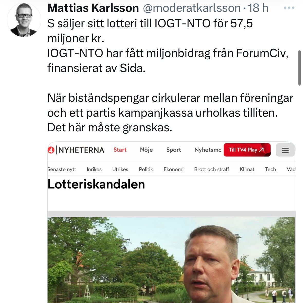 Moderaternas gruppledare i riksdagen sprider lögner om S-lotterier. 

Påståendet att IOGT-NTO skulle få miljonbidrag från Forumciv stämmer inte.

När ska Ulf Kristersson ta ansvar och agera mot felaktigheterna?