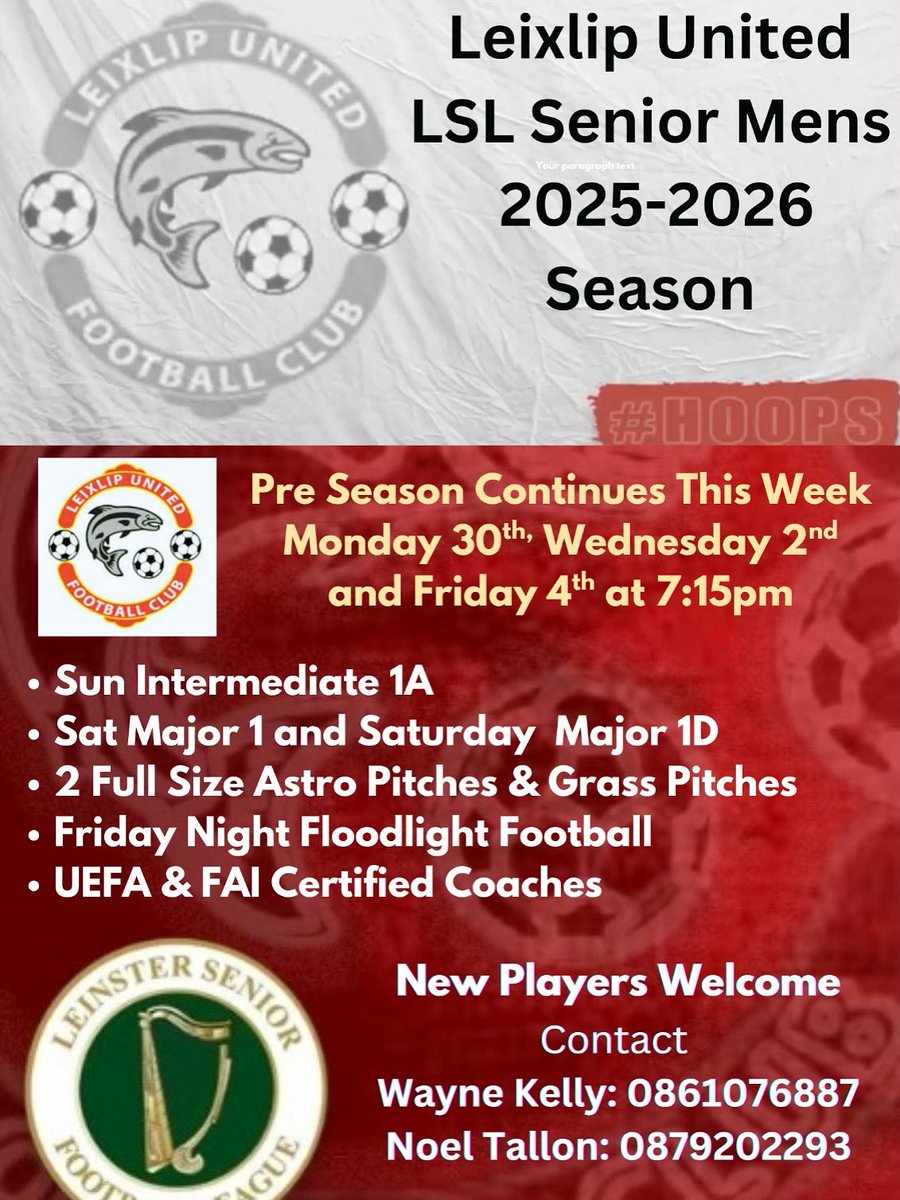 Leixlip United men’s senior team’s pre-season continues this Monday, Wednesday and Friday at 7:15. Contact Wayne or Nole for more information. 

#leixlipunited