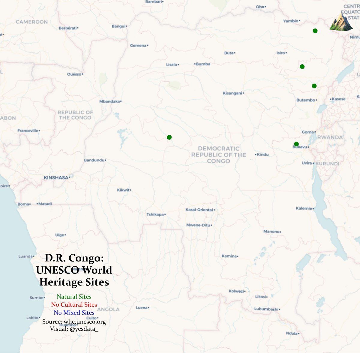 🗺️ Series: UNESCO World Heritage Sites (No. 3) - D.R. Congo

The D.R. Congo is home to five UNESCO World Heritage Sites, including Virunga National Park, known for its diverse ecosystems and endangered mountain gorillas.

🔧 Tools: Python (Geopandas, Shapely, Contextily)