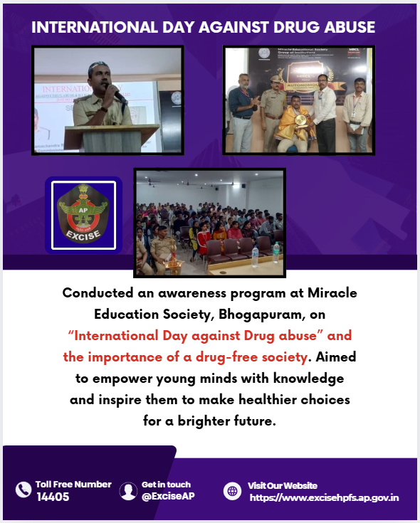exciseAP's tweet image. Conducted an awareness program at Miracle Education Society, Bhogapuram, on International Day Against Drug Abuse.💊🚫
Empowered young minds with knowledge and inspired them to choose a healthier, drug-free path for a brighter future.🌟
#DrugFreeSociety #YouthEmpowerment #ExciseAP